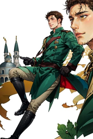 (1 image only), (solo male), 1boy, Sadik Adnan, Turkey, Hetalia: Axis Powers, Turkish male, olive-skinned, facial hair, chinstrap stubble, sideburns, (clean face), brown eyes, brown hair, short hair, long green military trench coat, knee-high boots, black gloves, handsome, mature, charming, alluring, full body, perfect anatomy, perfect proportions, 8k, HQ, (best quality:1.2, masterpiece:1.3), high_resolution, perfect eye pupil, dutch angle, perfecteyes, Hagia sophia loction, building, 2d, flat, cartoon, (Hands:1.1), better_hands,perfecteyes,#realistic