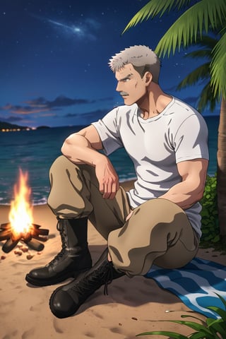 solo male, Thomas J. Prahmman \(Brave Bang Bravern\), short hair, grey hair, facial hair, grey mustache, grey eyes, (pure black undershirt:1.3), ( brown pants. black boots, short sleeves), sitting on ground under palm tree, adult, mature, masculine, manly, handsome, charming, alluring, full body, perfect anatomy, perfect proportions, best quality, masterpiece, high_resolution, dutch angle, cowboy shot, perfect eyes, looking away, ocean, dark sky, outdoor, beach, night, bonfire