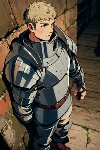 (1 image only), solo male, 1boy, Laios Touden, Delicious in Dungeon, knight, blond hair, short hair, light gold eyes, average height, silver plate armour, silver gauntlets, white shirt under armor, silver knee guards, simple brown boots, handsome, charming, alluring, standing, upper body in frame, perfect anatomy, perfect proportions, 2d, anime, (best quality, masterpiece), (perfect eyes, perfect eye pupil), high_resolution, dutch angle, dungeon location, (Hands:1.1), better_hands