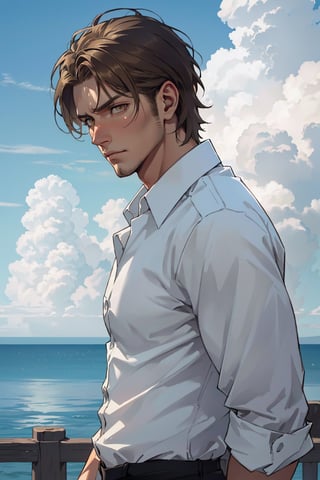 jean_kirstein(brown hair, short hair, stubble, bare forehead:1.2), (light brown eyes:1.4), fit body, (wearing pure white collared shirt, button up shirt:1.3), military green pants, black combat boots:1.2), roll up sleeve, manly, bulky, charming, alluring, dejected, depressed, sad, (standing), (upper body in frame), simple background(1910s harbor, endless ocean, midday, cumulus clouds), backlight, blue sky, perfect light, only 1 image, perfect anatomy, perfect proportions, perfect perspective, 8k, HQ, (best quality:1.5, hyperrealistic:1.5, photorealistic:1.4, madly detailed CG unity 8k wallpaper:1.5, masterpiece:1.3, madly detailed photo:1.2), (hyper-realistic lifelike texture:1.4, realistic eyes:1.2), picture-perfect face, detailed eyes, perfect eye pupil, realistic, HD, UHD, front view 
