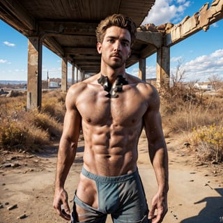 Robert MacCready, blue eyes, light brown hair, (facial hair), (complete topless, shirtless, bottomless, nude:1.5), fit body, handsome, charming, alluring, shy, erotic, dashing, intense gaze, (standing), (upper body in frame), ruined overhead interstate, Fallout 4 location, post-apocalyptic ruins, desolated landscape, dark blue sky, polarising filter, perfect light, only1 image, perfect anatomy, perfect proportions, perfect perspective, 8k, HQ, (best quality:1.2, hyperrealistic:1.2, photorealistic:1.2, madly detailed CG unity 8k wallpaper:1.2, masterpiece:1.2, madly detailed photo:1.2), (hyper-realistic lifelike texture:1.2, realistic eyes:1.2), picture-perfect face, perfect eye pupil, detailed eyes, realistic, HD, UHD, s0ftabs, (bare arms, bare shoulders, bare chest, bare neck:1.5), dutch_angle, side_view , VPL, erect, bulge,VPL