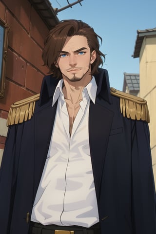 solo male, Graf Granat \(Frieren: Beyond Journey's End\), brown hair, hair parted to one side, facial hair, stubble, blue eyes, sanpaku, white collared shirt, exposed shirt, black pants, matching boots. dark blue coat, open coat, (coat over shoulders), gold epaulettes, mature, handsome, charming, alluring, standing, upper body, perfect anatomy, perfect proportions, best quality, masterpiece, high_resolution, dutch angle, cowboy shot, photo background, palace
,Masterpiece