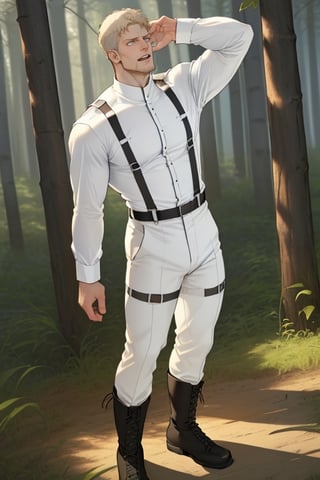 score_9, score_8_up, score_7_up, solo male, Reiner Braun, blond hair, short hair, flat hair, (facial hair, stubble:1.1), hazel eyes, ((perfect eyes, perfect mouth)), tall, (white uniform, pure white mandarin collared shirt, high standing collars, long sleeves:1.5), (unbuttoned shirt collar, light undershirt), black suspender straps, black belt, black paratrooper vest:1.2), white pants, black tall combat boots, handsome, charming, alluring, standing, full body, cowboy shot, dutch angle, forest, perfect anatomy, perfect proportions, best quality, masterpiece, high_resolution