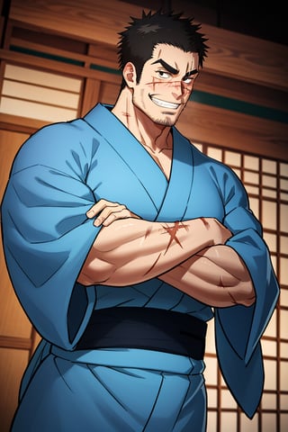 solo male, Gōzaburō Seto, My Bride is a Mermaid, Japanese, short hair, black hair,  black eyes, facial hair, thick eyebrows, scar on face, scar on nose, scar across eye, sideburns, yukata, japanese sandals, mature, handsome, charming, alluring, grin, standing, arm crossed, upper body, perfect anatomy, perfect proportions, best quality, masterpiece, high_resolution, dutch angle, cowboy shot, photo background