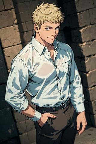 (1 image only), solo male, 1boy, Laios Touden, Delicious in Dungeon, knight, blond hair, short hair, light gold eyes, average height,  (white shirt, pants, simple brown boots), slight smile, handsome, charming, alluring, standing, upper body in frame, perfect anatomy, perfect proportions, 2d, anime, (best quality, masterpiece), (perfect eyes, perfect eye pupil), high_resolution, dutch angle, dungeon location, (Hands:1.1), better_hands