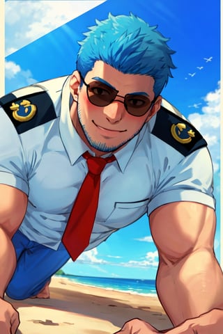 (1 image only), solo male, Wilbur, Animal Crossing, personification, blue hair, short hair, blue facial hair, jawline stubble, black eyes, (aviator sunglasses), aviation pilot uniform, white collor shirt, red necktie, epaulette, blue pants, (lower body out of frame), mature, bara, handsome, charming, alluring, smile, shy, blush, large pectorals, (on all four, all fours pose, upperbody:1.2), boy on top, (from below, pov, close-up), looking at viewer, perfect anatomy, perfect proportions, (best quality, masterpiece), (perfect eyes, perfect eye pupil), perfect hands, high_resolution, seaside, summer