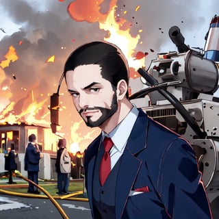 Highly detailed, High Quality, Masterpiece, beautiful, 1man, IncrsDisasterGirlMeme, fire, smile, outdoors, Maeda, black hair, short hair, black eyes, facial hair, white collared shirt, red necktie, dark blue vest, dark blue jacket