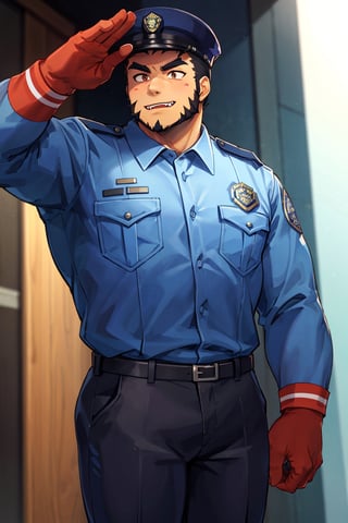 (1 image only), solo male, bara, Tajikarao, Tokyo Afterschool Summoners, Asain, Japanese, dark hair, short hair, thick eyebrows, sideburns, facial hair, beard, fangs. Japanese police uniform, Japanese, police hat, aqua-color collared shirt, black pants, mature, handsome, charming, alluring, standing, upper body in frame, perfect anatomy, perfect proportions, 2d, anime, (best quality, masterpiece), (perfect eyes, perfect eye pupil), high_resolution, dutch angle, Tokyo city street, better_hands, salute, red hands, Shide 
,perfecteyes, black eyes