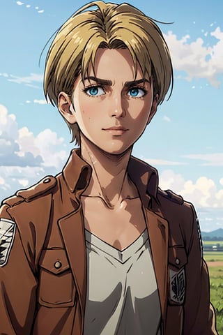 1girl, solo, Nanaba, Attack on Titan, blue eyes, wore standard Survey Corps uniform with a light-colored v-neck underneath, (blond hair) short light hair, petite build, beautiful, handsome, charming, alluring, gentle expression, soft expression, calm, smile (standing), (upper body in frame), simple background, green plains, cloudy blue sky, cinematic light, perfect anatomy, perfect proportions, 8k, HQ, HD, UHD, (best quality:1.5, hyperrealistic:1.5, photorealistic:1.4, madly detailed CG unity 8k wallpaper:1.5, masterpiece:1.3, madly detailed photo:1.2), (hyper-realistic lifelike texture:1.4, realistic eyes:1.2), picture-perfect face, perfect eye pupil, detailed eyes, dynamic, dutch angle,AttackonTitan