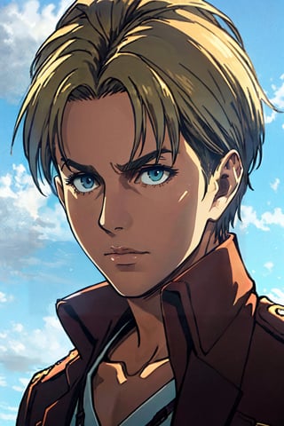 1girl, solo, Nanaba, Attack on Titan, blue eyes, wore standard Survey Corps uniform with a light-colored v-neck underneath, short light hair, petite build, calm, beautiful, handsome, charming, alluring, (standing), (upper body in frame), Wit Studio anime style, simple background, green plains, cloudy blue sky, perfect light, perfect anatomy, perfect proportions, 8k, HQ, HD, UHD, (best quality:1.5, hyperrealistic:1.5, photorealistic:1.4, madly detailed CG unity 8k wallpaper:1.5, masterpiece:1.3, madly detailed photo:1.2), (hyper-realistic lifelike texture:1.4, realistic eyes:1.2), picture-perfect face, perfect eye pupil, detailed eyes, portrait, dynamic, cinematic 