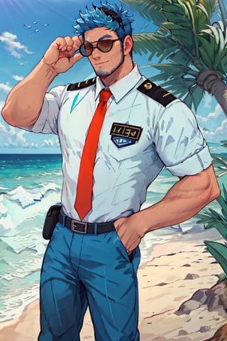 (1 image only), solo male, Wilbur, Animal Crossing, personification, blue hair, short hair, black eyes, blue facial hair, jawline stubble, aviation pilot uniform, white collor shirt, red necktie, epaulette, aviator sunglasses, (black aviator headset), blue pants, socks, black footwear,bandaid on nose, mature, dilf, bara, handsome, charming, alluring, smile, standing, upper body, hand in pocket, pectoral cleavage, perfect anatomy, perfect proportions, (best quality, masterpiece), (perfect eyes, perfect eye pupil), perfect hands, high_resolution, dutch angle, cowboy shot, seaside, summer