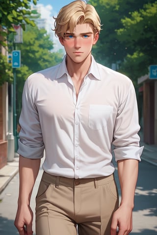 score_9,score_8_up,score_7_up, (solo male:1.2), Lewis Smith, blond hair, short hair, blue eyes, white collared shirt, sleeves rolled up, brown pants, stubble, (upperbody), handsome, charming, alluring, standing, cowboy shot, (mature, masculine, beefy, manly, hunky), shy, blush, passionate, look at viewer, perfect anatomy, perfect proportions, best quality, masterpiece, high_resolution, (symmetrical picture, front view), photo background, gorgeous, outdoor, sidewalk, day