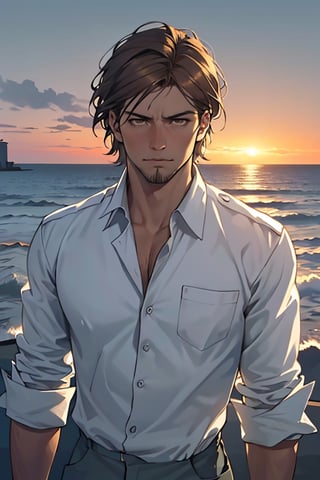 jean_kirstein(brown hair, short hair, stubble, bare forehead:1.2), (light brown eyes:1.4), fit body, (wearing pure white collared shirt, button up shirt:1.3), military green pants, black combat boots:1.2), roll up sleeve, manly, bulky, charming, alluring, dejected, depressed, sad, (standing), (upper body in frame), simple background(1910s harbor, sunset on ocean, endless ocean, nightfall), backlight, orange sky, perfect light, only 1 image, perfect anatomy, perfect proportions, perfect perspective, 8k, HQ, (best quality:1.5, hyperrealistic:1.5, photorealistic:1.4, madly detailed CG unity 8k wallpaper:1.5, masterpiece:1.3, madly detailed photo:1.2), (hyper-realistic lifelike texture:1.4, realistic eyes:1.2), picture-perfect face, detailed eyes, realistic, HD, UHD, front view, tear in eyes