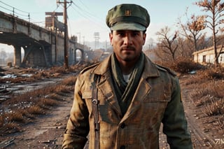 Robert MacCready, blue eyes, light brown hair, facial hair, tan duster coat, (hat:1.2), ammo pouches, long-sleeved, white undershirt, military green scarf, military green pants, fit body, handsome, charming, alluring, dashing, intense gaze, (standing), (upper body in frame), ruined overhead interstate, Fallout 4 location, post-apocalyptic ruins, desolated landscape, dark blue sky, polarising filter, perfect light, only1 image, perfect anatomy, perfect proportions, perfect perspective, 8k, HQ, (best quality:1.2, hyperrealistic:1.2, photorealistic:1.2, madly detailed CG unity 8k wallpaper:1.2, masterpiece:1.2, madly detailed photo:1.2), (hyper-realistic lifelike texture:1.2, realistic eyes:1.2), picture-perfect face, perfect eye pupil, detailed eyes, realistic, HD, UHD, (front view:1.2), portrait, looking outside frame,(1man),muscular,Masterpiece