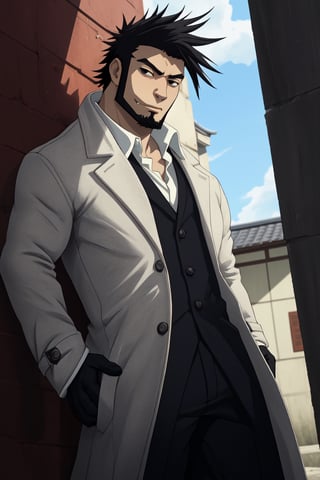 (1 image only), solo male, Genma Shizume, Asian, Japanese, black hair, spiked hair, chinstrap beard, sideburns, black eyes, (white collared shirt, black neckti, black jacket), ((brown overcoat, open overcoat)), black pants, black gloves, mature, handsome, charming, allurin, smile, standing, upper body, perfect anatomy, perfect proportions, (best quality, masterpiece, high_resolution:1.3), perfect eyes, dutch angle, cowboy shot , best quality