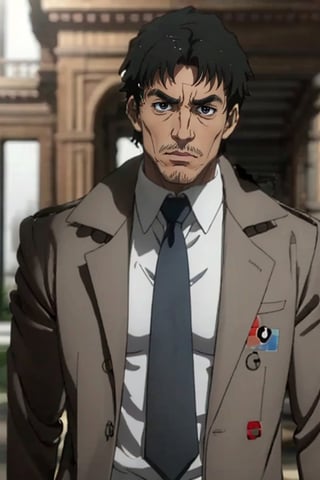 1boy, solo, Blitz T. Abrams, Kekkai Sensen, anime, tall, muscular man, hort black hair, blue eyes, facial hair, 51 years old, mature, handsome, manly, white collared shirt, black necktie, brown overcoat, perfect anatomy, perfect proportions, 8k, HD, HQ, (best quality:1.2, masterpiece, madly detailed photo), detailed, perfect face, perfect eye pupil, detailed eyes, high_resolution, image with color,Blitz