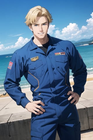 solo male, Lewis Smith \(Bang Brave Bang Bravern\), blond hair, short hair, blue eyes, ((grey pilot jumpsuit, gray pilot  jumpsuit)), black boots, mature, handsome, charming, alluring, grin, standing, upper body, perfect anatomy, perfect proportions, best quality, masterpiece, high_resolution, dutch angle, cowboy shot, photo background, on aircraft carrier, ocean, sky, muscular, beefy