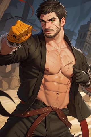 solo male, Grappler, Dungeon Fighter Online, black hair, short hair, brown eyes, thick eyebrows, forked eyebrows, stubble, green eyes, scars on face, scar on cheek, scar on chest, pectorals, pectoral cleavage, rn black dougi, black pants, red martial arts belt, yellow fingerless gloves, barefoot, bandaged hand, toned male, mature, handsome, charming, alluring, serious, fighting stance, upper body, perfect anatomy, perfect proportions, (perfect eyes), best quality, masterpiece, high_resolution, dutch angle, cowboy shot, photo background