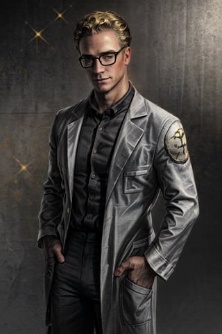 (1 image only), solo male, Arcade Gannon, green eyes, blond hair, short hair, bare forehead, (black glasses1.2), (pure light-grey collared shirt:1.2, open white lab coat:1.2), (tucked-in shirts), mature, manly, hunk, masculine, virile, confidence, charming, alluring, slight smile, standing, upper body in frame, (1920s artdeco style luxury black and gold pattern background:1.2), perfect anatomy, perfect proportions, 8k, HQ, (best quality:1.5, hyperrealistic:1.5, photorealistic:1.4, madly detailed CG unity 8k wallpaper:1.5, masterpiece:1.3, madly detailed photo:1.2), (hyper-realistic lifelike texture:1.4, realistic eyes:1.2), picture-perfect face, perfect eye pupil, detailed eyes,perfecteyes,art_deco_fusion