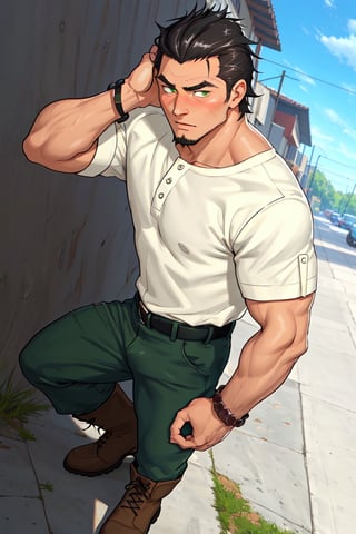 (1 image only), solo male, Kaburagi, Deca Dence, greying black hair, slicked back hair, thick eyebrows, sideburns, goatee, green eyes, scar, tucked-in wide necked short-sleeved white shirt, sleeves tucked up and buttoned, short sleeves, olive wide worker pants, brown boots. simplpe leather bracelet, toned male, mature, handsome, charming, alluring, blush, hand in pocket, perfect anatomy, perfect proportions, best quality, masterpiece, high_resolution, dutch angle, outdoors, day, blue sky, science fiction, photo background, better_hands, (perfect hand, perfect fingers:1.1)
