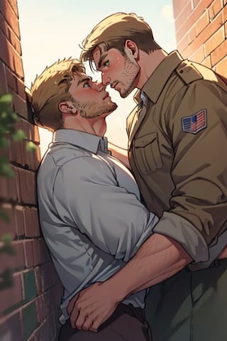 perfect anatomy, perfect proportions, perfect perspective, couple, ((2people)), first man giver (jean_kirstein, brown hair, stubble, light brown eyes),second mature man receiver(reiner braun, blond hair, stubble, hazel eyes, chiseled jaw), (( pure white collared shirt, roll-up sleeves)), short hair, stubble, dilf, different hair style, different hair color, different face, makeout, eye contact, gay, homo, slight shy, charming, alluring, seductive, highly detailed face, detailed eyes, perfect light, on 1910s city wall, military, retro, (best quality), (8k), (masterpiece), best quality, 1 image, rugged, manly, hunk, 