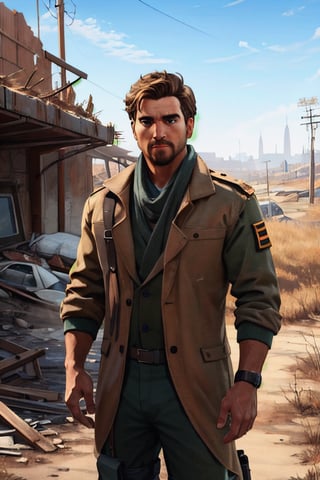 Robert MacCready, blue eyes, light brown hair, facial hair, tan duster coat, ammo pouches, long-sleeved, white undershirt, military green scarf, military green pants, fit body, handsome, charming, alluring, dashing, intense gaze, (standing), (upper body in frame), ruined overhead interstate, Fallout 4 location, post-apocalyptic ruins, desolated landscape, dark blue sky, polarising filter, perfect light, only1 image, perfect anatomy, perfect proportions, perfect perspective, 8k, HQ, (best quality:1.5, hyperrealistic:1.5, photorealistic:1.4, madly detailed CG unity 8k wallpaper:1.5, masterpiece:1.3, madly detailed photo:1.2), (hyper-realistic lifelike texture:1.4, realistic eyes:1.2), picture-perfect face, perfect eye pupil, detailed eyes, realistic, HD, UHD, (front view:1.2), portrait, looking outside frame,best quality