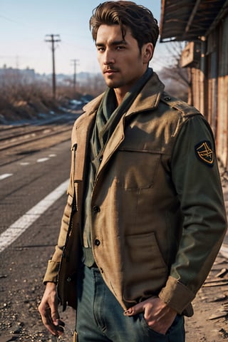 Robert MacCready, blue eyes, light brown hair, facial hair, tan duster coat, ammo pouches, long-sleeved, white undershirt, military green scarf, military green pants, fit body, handsome, charming, alluring, dashing, intense gaze, (standing), (upper body in frame), ruined overhead interstate, Fallout 4 location, post-apocalyptic ruins, desolated landscape, dark blue sky, polarising filter, perfect light, only1 image, perfect anatomy, perfect proportions, perfect perspective, 8k, HQ, (best quality:1.5, hyperrealistic:1.5, photorealistic:1.4, madly detailed CG unity 8k wallpaper:1.5, masterpiece:1.3, madly detailed photo:1.2), (hyper-realistic lifelike texture:1.4, realistic eyes:1.2), picture-perfect face, perfect eye pupil, detailed eyes, realistic, HD, UHD, (front view:1.2), portrait, looking outside frame,
