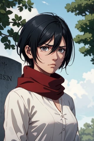 Mikasa Ackerman(black hair,:1.2), (grey-blue eyes:1.2), fit body, red scarf, pure white collared shirt, charming, alluring, dejected, depressed, sad, (standing), (upper body in frame), simple background, under the tree, shadows of tree and leaves, small tombstone on right side, cloudy blue sky, medieval european towns in distant, green plains, only 1 image, perfect anatomy, perfect proportions, perfect perspective, 8k, HQ, (best quality:1.5, hyperrealistic:1.5, photorealistic:1.4, madly detailed CG unity 8k wallpaper:1.5, masterpiece:1.3, madly detailed photo:1.2), (hyper-realistic lifelike texture:1.4, realistic eyes:1.2), picture-perfect face, perfect eye pupil, detailed eyes, realistic, HD, UHD, (front view, symmetrical picture, vertical symmetry:1.2), look at viewer, tear in eyes,1 girl
