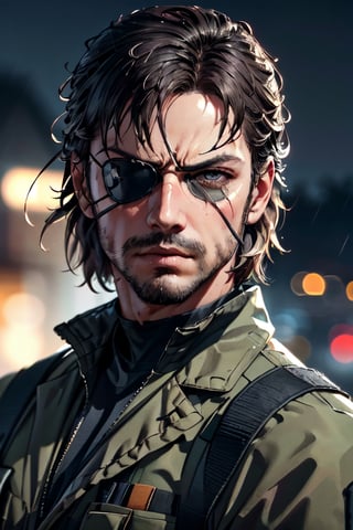 (1 image only), solo male, 1boy, Big Boss, Metal Gear Solid, bslue eyes, brown hair, facial hair, (pure black eyepatch, single eyepatch), (grey wide head band), (exposed hair:1.3), clothing, handsome, mature, charming, alluring, portrait, upper body in frame, perfect anatomy, perfect proportions, 8k, HQ, (best quality:1.2, hyperrealistic:1.2, photorealistic:1.2, masterpiece:1.3, madly detailed photo:1.2), (hyper-realistic lifelike texture:1.2, realistic eyes:1.2), high_resolution, perfect eye pupil, dutch angle, dynamic, action, raining, night, (military base)