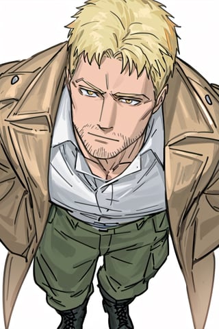 score_9, score_8_up, score_7_up, solo male, Reiner Braun, blond hair, short hair, (stubble, facial hair), hazel eyes, thin eyebrows, facial hair, stubble, (light-brown-trench-coat, long-coat), (open-trench-coat, unbutton-trench-coat:1.3), white collared shirt, dark-green-pants, combat boots, handsome, charming, alluring, (full body:1.3), perfect anatomy, perfect proportions, best quality, masterpiece, high_resolution, cowboy shot, (white background, simple background), (perfect face), view from above