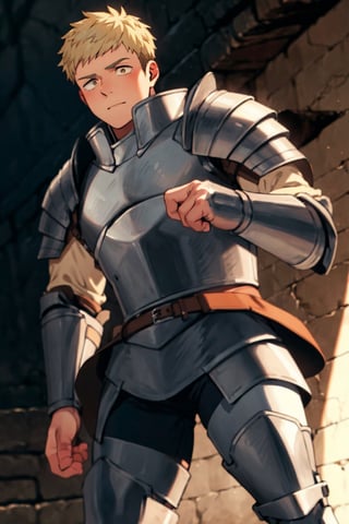 (1 image only), solo male, 1boy, Laios Touden, Delicious in Dungeon, knight, blond hair, short hair, light gold eyes, average height, silver plate armour, silver gauntlets, white shirt under armor, silver knee guards, simple brown boots, handsome, charming, alluring, standing, upper body in frame, perfect anatomy, perfect proportions, 2d, anime, (best quality, masterpiece), (perfect eyes, perfect eye pupil), high_resolution, dutch angle, dungeon location, (Hands:1.1), better_hands