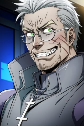 solo male, Alexander Anderson, Hellsing, Catholic priest, short silver-blond hair, green eyes, tanned skin, defined squared jaw, light facial hair, wedge-shaped scar on left cheek, round glasses, opaque glasses, glowing glasses, black clerical collar shirt with blue trim, (grey coat, open coat:1.6), white gloves, silver cross necklace, (single cross, accurate cross:1.2), mature, middle-aged, imposing, tall, handsome, charming, alluring, ((crazy eyes, evil grin)), (portrait, close-up, face focus), face only, perfect anatomy, perfect proportions, best quality, masterpiece, high_resolution, dutch angle, photo background, Vatican City, indoor