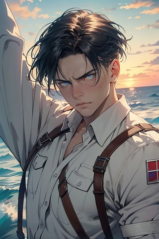 Levi Ackerman, black hair, dull blue eyes, pure white collared shirt,(white eye bandage on righteye), (AttackonTitan, wearing Omni-directional mobility gear), fit body, 34 years old, charming, alluring, dejected, depressed, sad, calm eyes, (standing), (upper body in frame), simple background, endless ocean, pink cloudy sky, dawn, 1910s harbor, only1 image, perfect anatomy, perfect proportions, perfect perspective, 8k, HQ, (best quality:1.5, hyperrealistic:1.5, photorealistic:1.4, madly detailed CG unity 8k wallpaper:1.5, masterpiece:1.3, madly detailed photo:1.2), (hyper-realistic lifelike texture:1.4, realistic eyes:1.2), picture-perfect face, perfect eye pupil, detailed eyes, realistic, HD, UHD, (front view, symmetrical picture, vertical symmetry:1.2), look at viewer