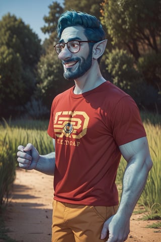 (1 image only), solo male, Wilden Lightfoot, Pixar Animation Onward, blue skin, dark blue hair, short hair, brown eyes, thick eyebrows, pointy ears, facial hair, beard, black-framed-glasses, (red t-shirt:1.2), khaki shorts, mature, bara, dilf, handsome, charming, alluring, smile, standing, upper body, perfect anatomy, perfect proportions, (best quality, masterpiece), (perfect eyes, perfect eye pupil), perfect hands, high_resolution, dutch angle, cowboy shot, green field