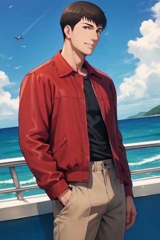 score_9,score_8_up,score_7_up, solo male, Ryuji Satake, black hair, black eyes, black t-shirt, red jacket, open jacket, brown pants, long sleeves, smile, adult, mature, masculine, slim, tone body, handsome, charming, alluring, standing, upper body, perfect anatomy, perfect proportions, best quality, masterpiece, high_resolution, dutch angle, cowboy shot, on flight deck of aircraft carrier, ocean, blue sky, outdoor