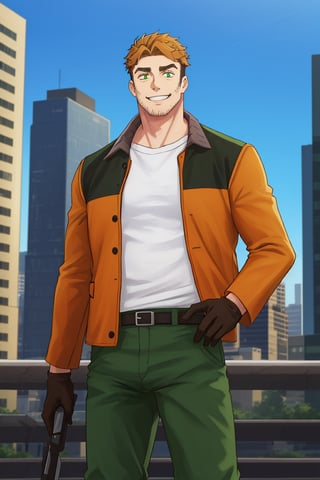 (1 image only), solo male, Gagumber, Sakugan, physical laborer worker, brown hair, two-tone hair, stubble, sideburns, green eyes, thick eyebrows, white tank top, orange High-visibility jacket, open jaket, green work pants, black boots, black gloves, mature, handsome, charming, alluring, smile, standing, upper body, perfect anatomy, perfect proportions, best quality, masterpiece high_resolution, dutch angle, cowboy shot, cityscape