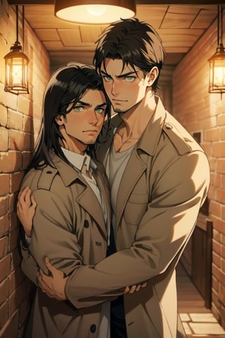 couple, ((2people)), first man giver((Eren Jaeger, ,erenad, black hair, long hair, long straight hair, hair down, stubble, grey-green eyes)), second mature man receiver((reiner braun, blond hair, stubble, hazel eyes, chiseled jaw)), ((uniform, white collared shirt, opem brown trench coat)), different hair style, different hair color, different face, eye contact, gay, homo, slight shy, charming, alluring, seductive, highly detailed face, detailed eyes, perfect light, 1910s military stone basement, retro, oil lamp light outside frame, (best quality), (8k), (masterpiece), best quality, 1 image, rugged, manly, hunk, perfect anatomy, perfect proportions, perfect perspective ,hug