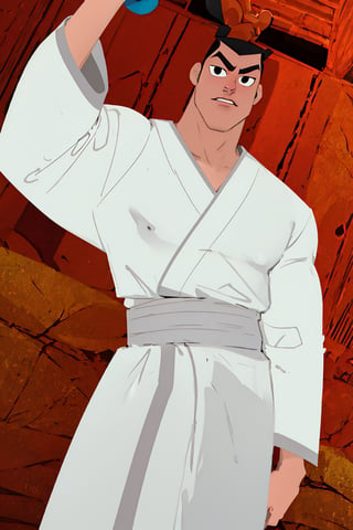 (1 image only), solo male, Samurai Jack, Cartoon Network style, Asian, Japanese, black hair, short topknot, single topknot, black eyes, geta, white kimono, white sashes, wide sleeves, mature, handsome, charming, alluring, uperfect anatomy, perfect proportions, (best quality, masterpiece), perfect hands, high_resolution, dutch angle, cowboy shot, fine art, (2d, flat), (single placket), swordup, looking at viewer, close-up