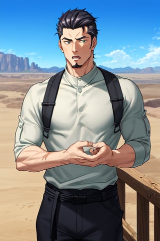 (1 image only), solo male, Kaburagi, Deca Dence, greying black hair, slicked back hair, thick eyebrows, sideburns, goatee, green eyes, scar, tucked-in wide necked short-sleeved white shirt, sleeves tucked up and buttoned, short sleeves, olive wide pants, brown boots. black belt tied. leather bracelet, toned male, mature, handsome, charming, alluring, standing, upper body, perfect anatomy, perfect proportions, best quality, masterpiece, high_resolution, dutch angle, cowboy shot, outdoors, day, blue sky, science fiction, photo background, (Hands:1.1), better_hands, perfect fingers