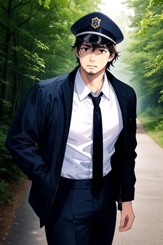 (1 image only), solo male, Agawa Daigo, Gannibal, Asian ,Japanese, black hair, short hair, (stubble), black eyes, policeman, white collared shirt, dark blue necktie, black jacket, long sleeves, buttoned up jacket, dark blue pants, black shoes, Japanese police peaked cap, mature, handsome, charming, alluring, perfect anatomy, perfect proportions, (best quality, masterpiece), (perfect eyes), perfect hands, high_resolution, dutch angle, cowboy shot, rural .pastoral, forest, creep, suspense,HORROR
