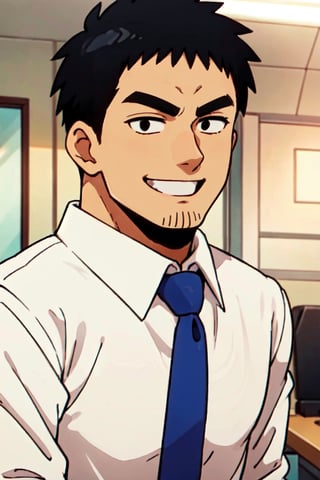 Harumi Takeda, Japanese, stubble on chin, black eyes, black hair, short hair, wore white collared shirt, blue necktie, black pants, masculine, handsome, smile, fit body, handsome, charming, alluring, office, (standing), (upper body in frame), perfect light, perfect anatomy, perfect proportions, perfect perspective, (best quality:1.2, masterpiece:1.2), perfect face, front view, portrait