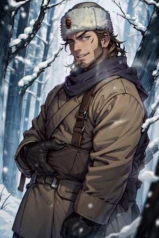 (human), (1 image only), solo male, Vasily Pavlichenko, Golden Kamuy, Russian, sniper, brown hair, blue eyes, sharp eyes, defined eyelashes, furrowed brow, grin, wavy medium-length hair, bold sideburns, short and neat Shenandoah beard, lightly-colored coat, dark gloves, scarf, pants, boots, crossbody bag, handsome, charming, alluring, standing, upper body in frame, perfect anatomy, perfect proportions, 2d, anime, (best quality, masterpiece), (perfect eyes, perfect eye pupil), high_resolution, dutch angle, snowy forest, better_hands, tall wool cap, papakha, ushanka