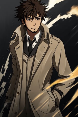 solo male, Genma Shizume, Asian, Japanese, black hair, chinstrap beard, sideburns, black eyes, calm eyes, slitty eyes, (dress in layers), white collared shirt, black necktie, (black suit jacket:1.3), (light brown trench coat, open trench coat:1.3), black pants, black gloves, mature, masculine, handsome, charming, allurin, grin, smile, upper body, perfect anatomy, perfect proportions, (best quality, masterpiece, high_resolution:1.3), perfect eyes, perfecteyes