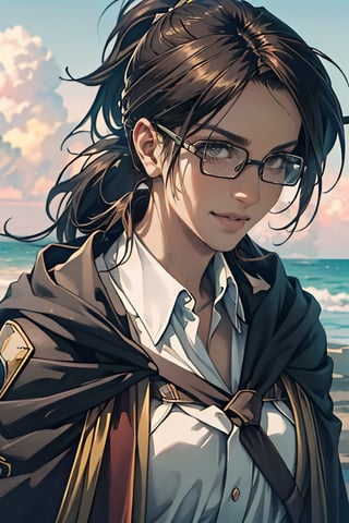 1 girl, HangeAOT, dark brown hair, messy high ponytail, light brown eyes, (Roman nose:1.3), pure white collared shirt, (green scouts cloak:1.2), glasses, (black eye patch on left eye), fit body, mature, 35 years old, charming, alluring, smile, (standing), (upper body in frame), simple background, endless ocean, pink cloudy sky, dawn, 1910s harbor, only1 image, perfect anatomy, perfect proportions, perfect perspective, 8k, HQ, (best quality:1.5, hyperrealistic:1.5, photorealistic:1.4, madly detailed CG unity 8k wallpaper:1.5, masterpiece:1.3, madly detailed photo:1.2), (hyper-realistic lifelike texture:1.4, realistic eyes:1.2), picture-perfect face, perfect eye pupil, detailed eyes, realistic, HD, UHD, (front view, symmetrical picture, vertical symmetry:1.2), look at viewer,AttackonTitan,HangeAOT, survey military uniform