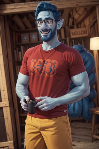 (1 image only), solo male, Wilden Lightfoot, Pixar Animation Onward, blue skin, dark blue hair, short hair, brown eyes, thick eyebrows, pointy ears, facial hair, beard, black-framed-glasses, (red t-shirt), khaki shorts, mature, bara, dilf, handsome, charming, alluring, smile, standing, upper body, perfect anatomy, perfect proportions, (best quality, masterpiece), (perfect eyes, perfect eye pupil), perfect hands, high_resolution, dutch angle, cowboy shot