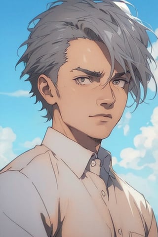 Connie Springer from Attack on Titan, (grey hair, shaved hair, extremely short hair:1.2), bare forehead,  (gray eyes, normal size eyes), round face, slim, wearing pure white collared shirt, youthful, handsome, charming, alluring, (standing), (upper body in frame), simple background, green plains, cloudy blue sky, perfect light, only1 image, perfect anatomy, perfect proportions, perfect perspective, 8k, HQ, (best quality:1.5, hyperrealistic:1.5, photorealistic:1.4, madly detailed CG unity 8k wallpaper:1.5, masterpiece:1.3, madly detailed photo:1.2), (hyper-realistic lifelike texture:1.4, realistic eyes:1.2), picture-perfect face, perfect eye pupil, detailed eyes, realistic, HD, UHD, (front view:1.2), portrait, looking outside frame