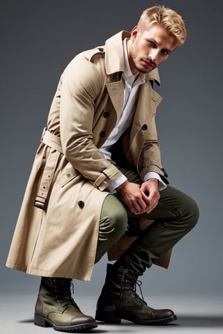 Gay man,  score_9,score_8_up,score_7_up, male receiver Reiner Braun, blond hair, short hair, stubble, facial hair, hazel eyes, (white collared shirt, shirt exposed), (light-brown-trench-coat, long-coat), (open-trench-coat, unbutton-trench-coat), dark-green-pants, combat boots, perfect anatomy, kneeling, masterpiece,