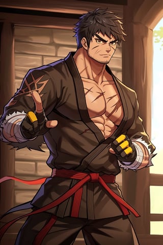 solo male, Grappler, Dungeon Fighter Online, black hair, short hair, brown eyes, thick eyebrows, forked eyebrows, stubble, green eyes, scars on face, scar on cheek, scar on chest, pectorals, pectoral cleavage, rn black dougi, black pants, red martial arts belt, yellow fingerless gloves, barefoot, bandaged hand, toned male, mature, handsome, charming, alluring, serious, fighting stance, upper body, perfect anatomy, perfect proportions, ((perfect eyes, perfect, parfect fingers)), best quality, masterpiece, high_resolution, dutch angle, cowboy shot, photo background, (looking outside)