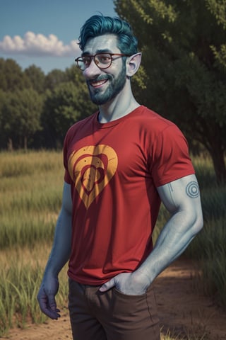 (1 image only), solo male, Wilden Lightfoot, Pixar Animation Onward, blue skin, dark blue hair, short hair, brown eyes, thick eyebrows, pointy ears, facial hair, beard, black-framed-glasses, (red t-shirt:1.2), khaki shorts, mature, bara, dilf, handsome, charming, alluring, smile, standing, upper body, perfect anatomy, perfect proportions, (best quality, masterpiece), (perfect eyes, perfect eye pupil), perfect hands, high_resolution, dutch angle, cowboy shot, green field