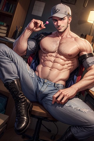 (1 image only), solo male, Munehisa Iwai,  Persona, Asian, Japanese, Weapons Dealer, grey hair, short hair, (grey pin-striped baseball cap:1.2), stubble, grey eyes, sideburns, complete topless, bare neck, bare chest, bare belly, bare abdomen, bare shoulder, bare atms, simple blue jeans, black leather boots, mature, masculine, handsome, charming, alluring, lying on chair, (foot on desk), (holding lollipop), smirk, pov, perfect anatomy, perfect proportions, (best quality, masterpiece), (perfect eyes), high_resolution, dutch angle, [cowboy shot], weapon workshop, slight spread legs